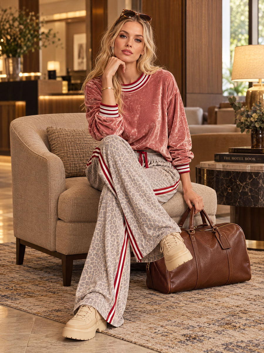Casual Retro Pink Shiny Velvet Sweatshirt And Leopard Print Pants Set  - By Qivii