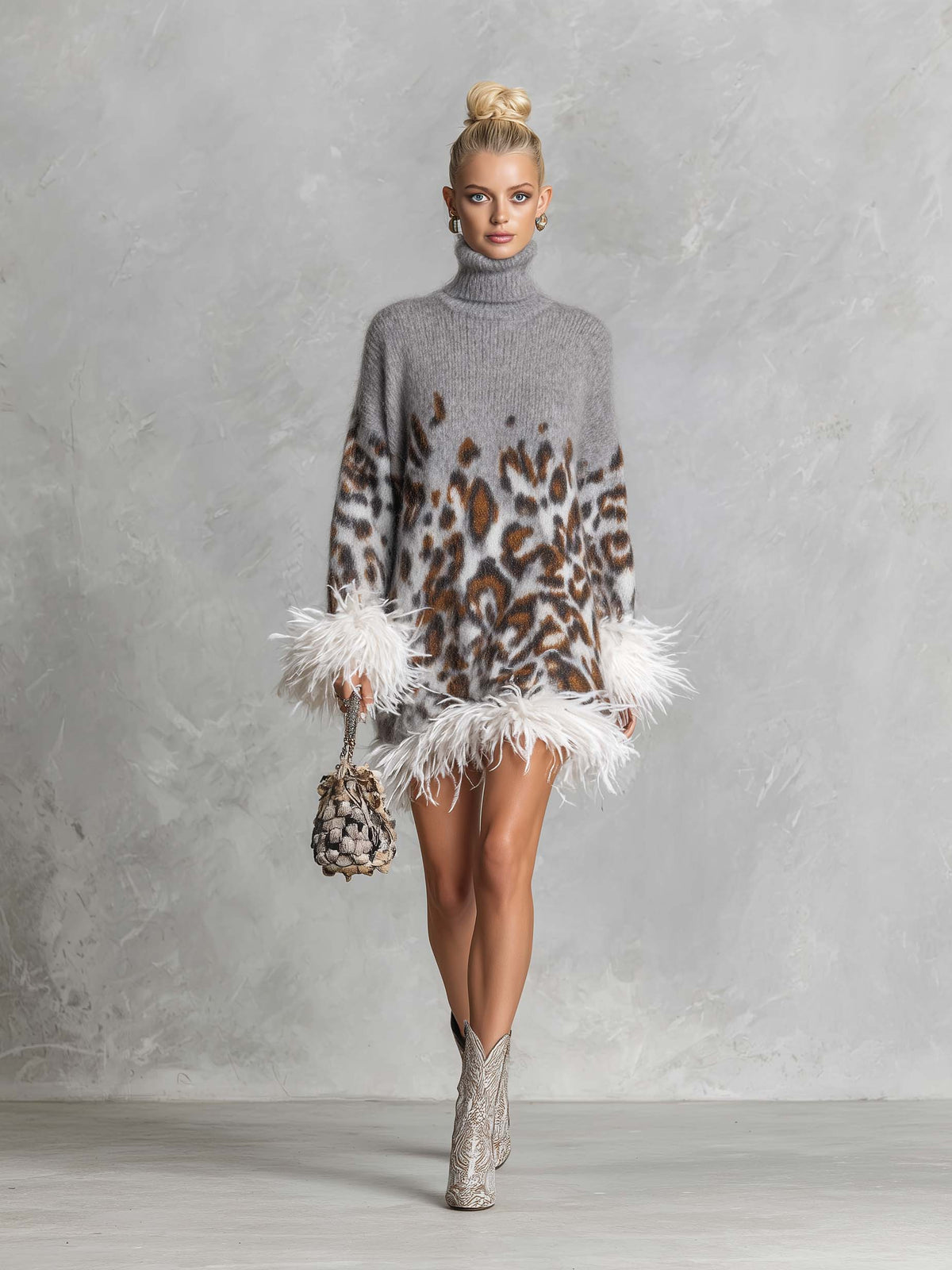 Glam Leopard Print Feather Trim Fuzzy Knit Oversized Turtleneck Mini Sweater Dress  - By Qivii