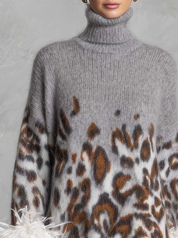 Glam Leopard Print Feather Trim Fuzzy Knit Oversized Turtleneck Mini Sweater Dress  - By Qivii