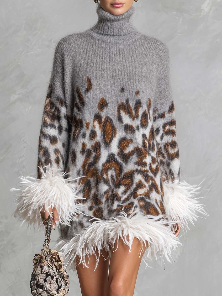 Glam Leopard Print Feather Trim Fuzzy Knit Oversized Turtleneck Mini Sweater Dress  - By Qivii