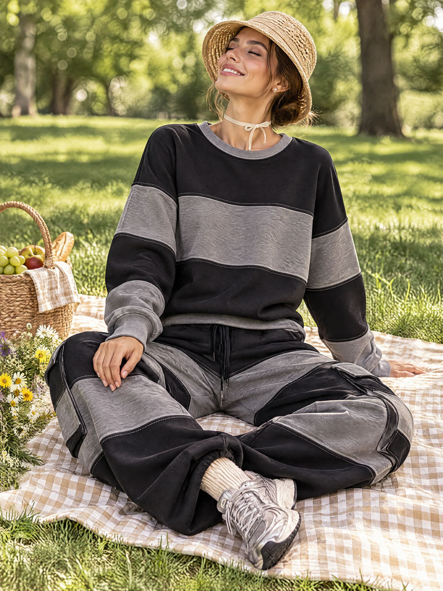 Casual Sports Black And Gray Striped Cotton Crew Neck Sweatshirt And Pants Set  - By Qivii