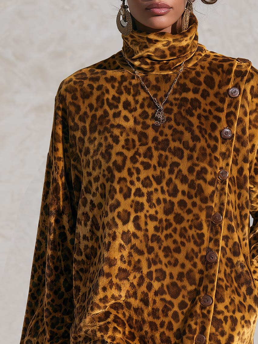 Vintage Leopard Print Velvet Asymmetric Button-Front Cowl Neck Long Sleeve Mini Dress  - By Qivii