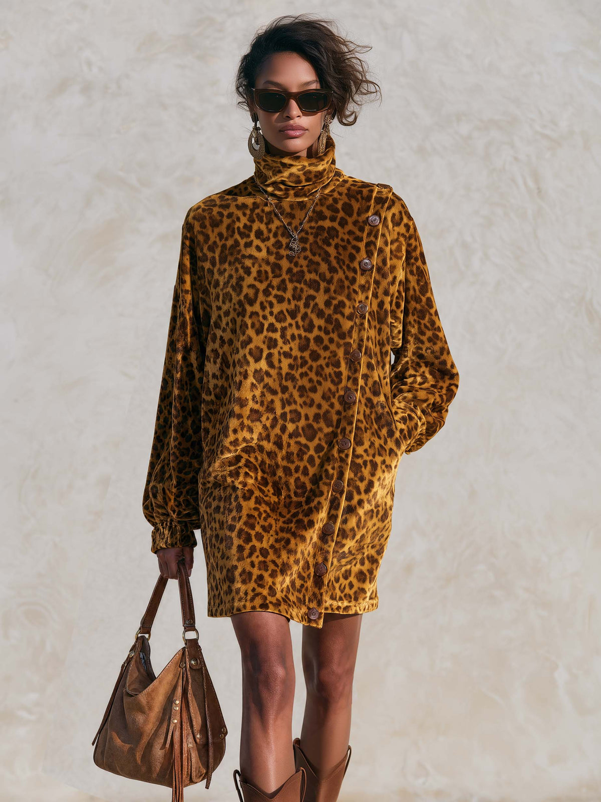 Vintage Leopard Print Velvet Asymmetric Button-Front Cowl Neck Long Sleeve Mini Dress  - By Qivii