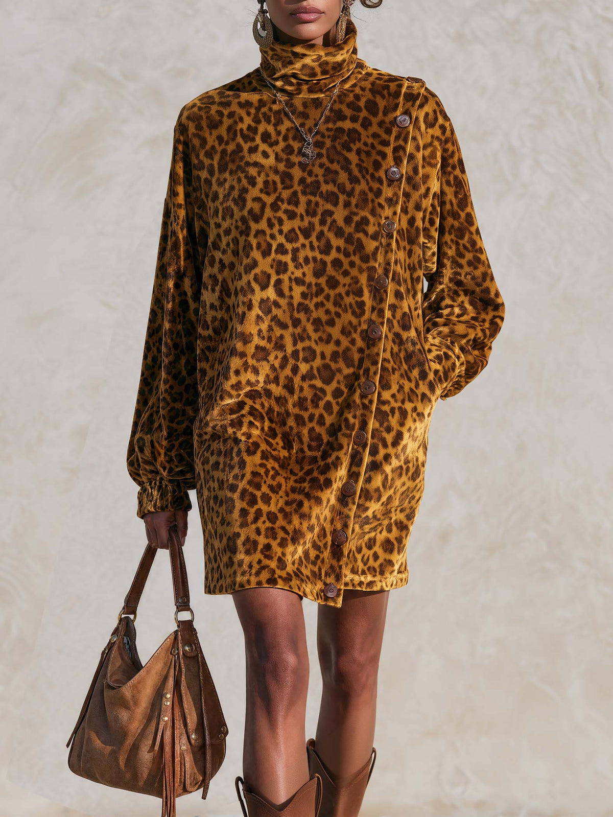 Vintage Leopard Print Velvet Asymmetric Button-Front Cowl Neck Long Sleeve Mini Dress  - By Qivii