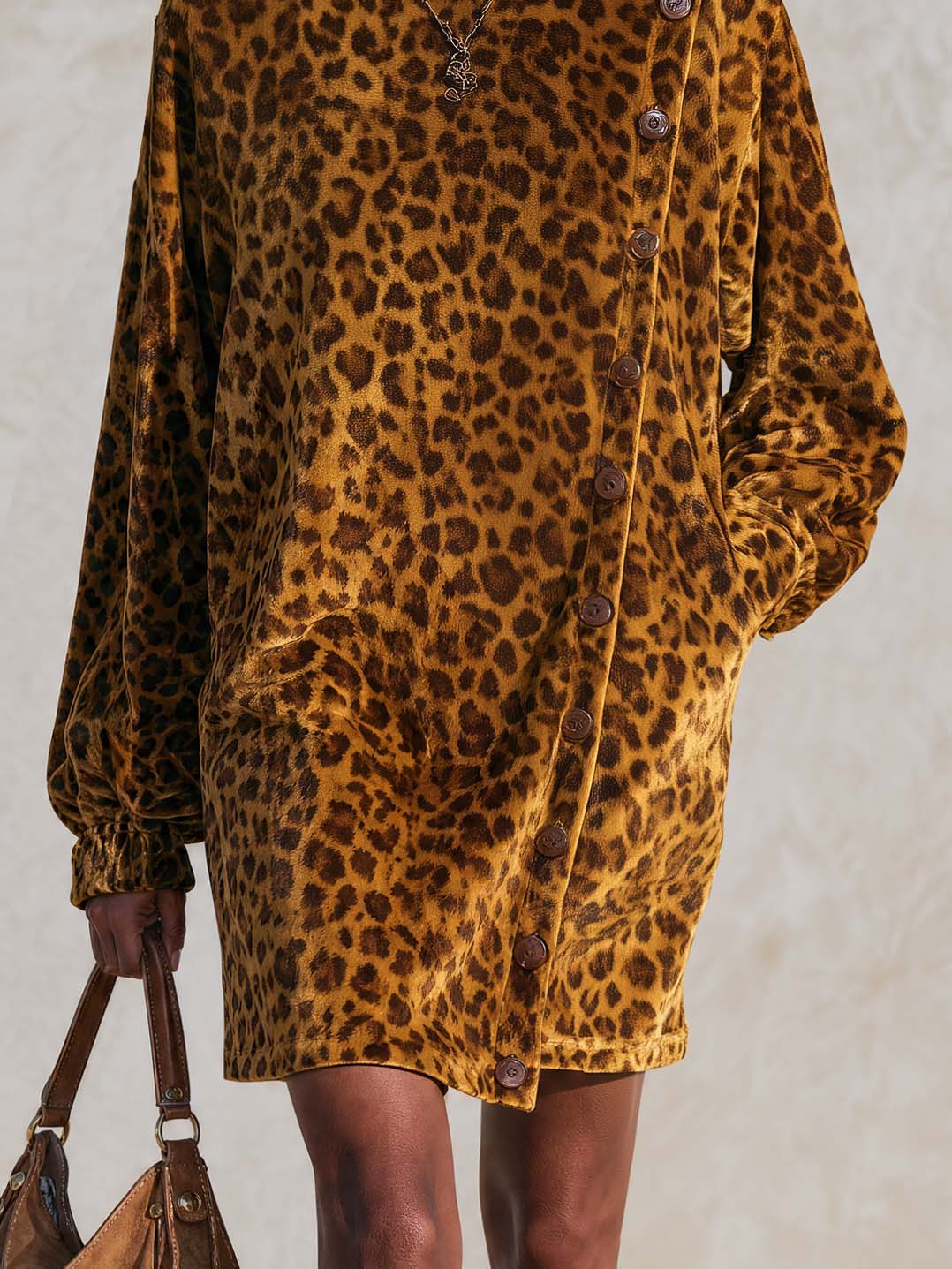 Vintage Leopard Print Velvet Asymmetric Button-Front Cowl Neck Long Sleeve Mini Dress  - By Qivii