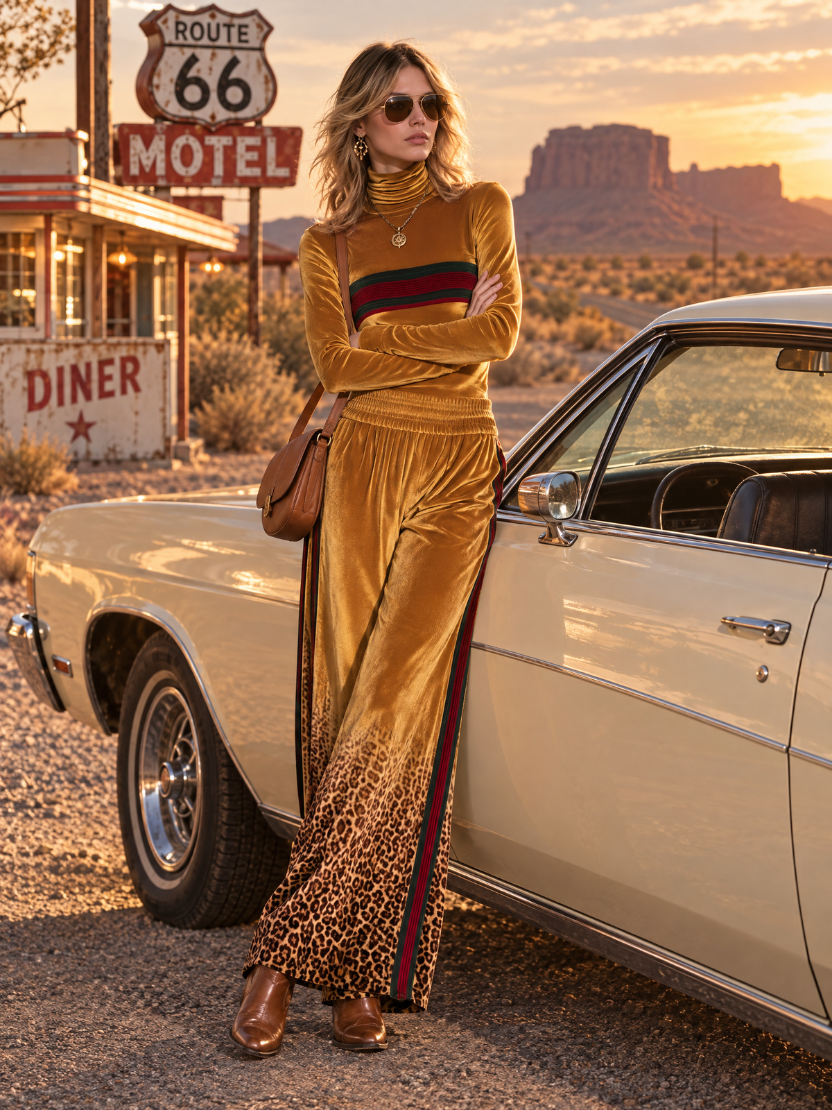 Retro Chic Mustard Velvet Leopard Turtleneck Top & Wide-Leg Pants Set  - By Qivii
