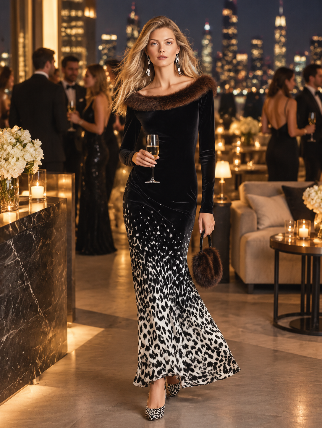 Elegant Party Faux-Fur-Trimmed Black Ombré Leopard-Print Velvet Maxi Dress  - By Qivii