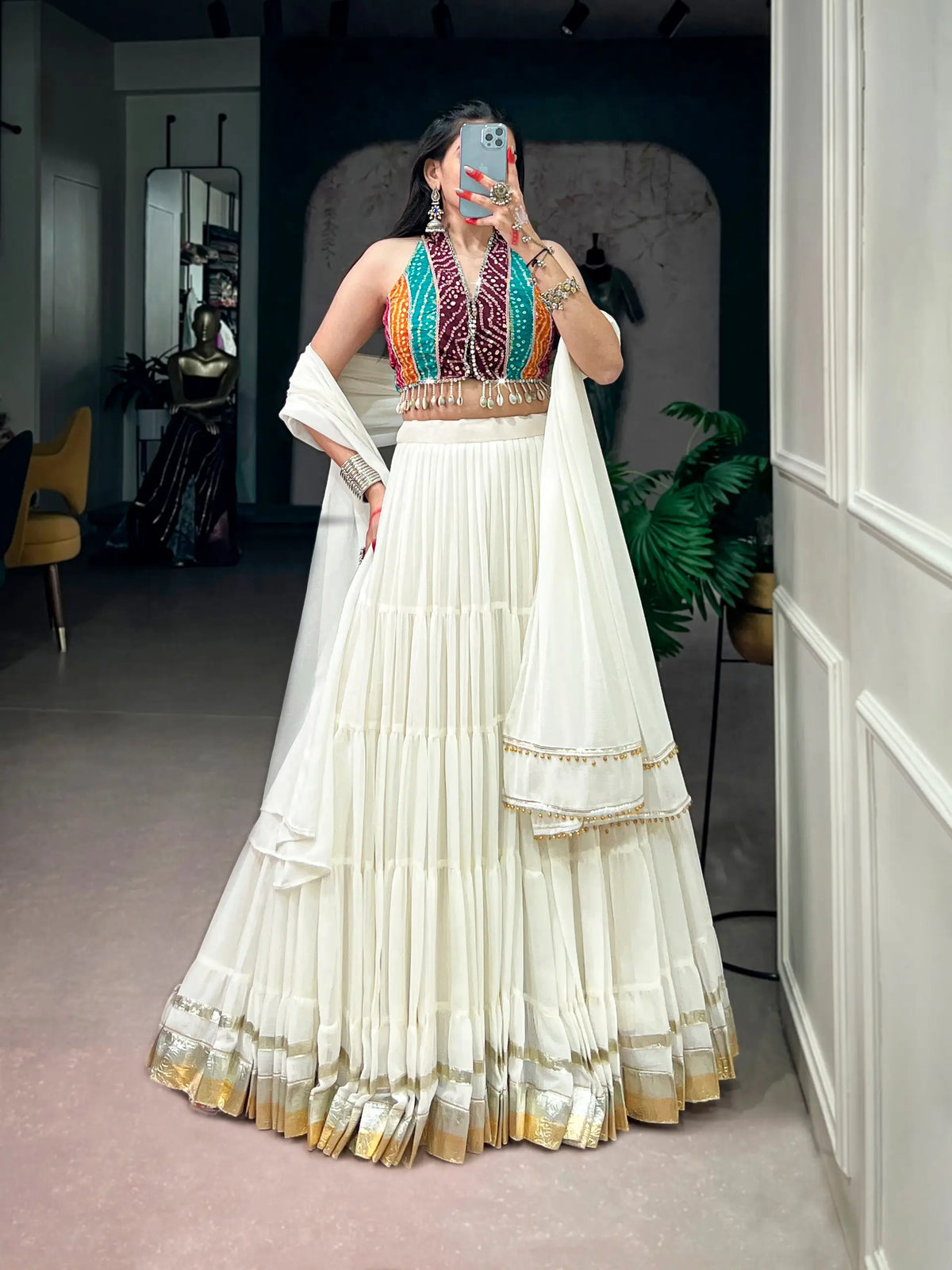 12 Meter Flair | White Garba Chaniya Choli With Mirror & Cowri Work