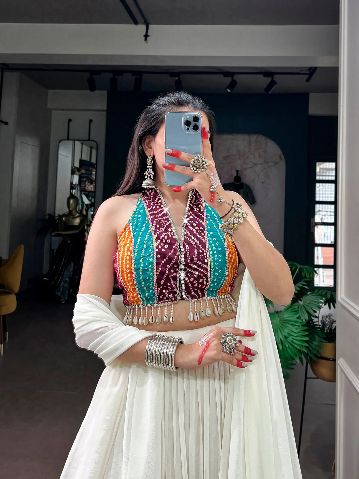 12 Meter Flair | White Garba Chaniya Choli With Mirror & Cowri Work