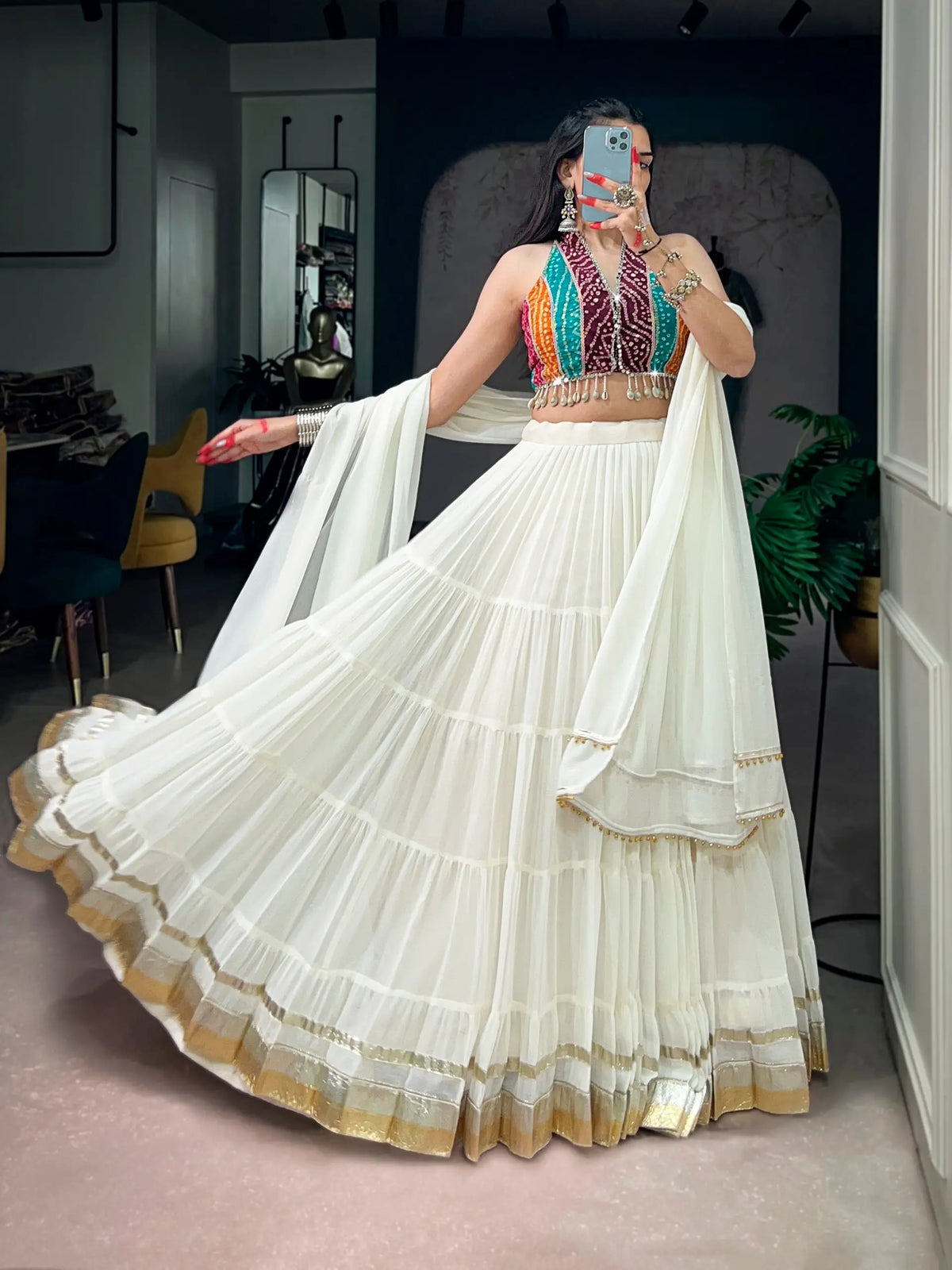 12 Meter Flair | White Garba Chaniya Choli With Mirror & Cowri Work