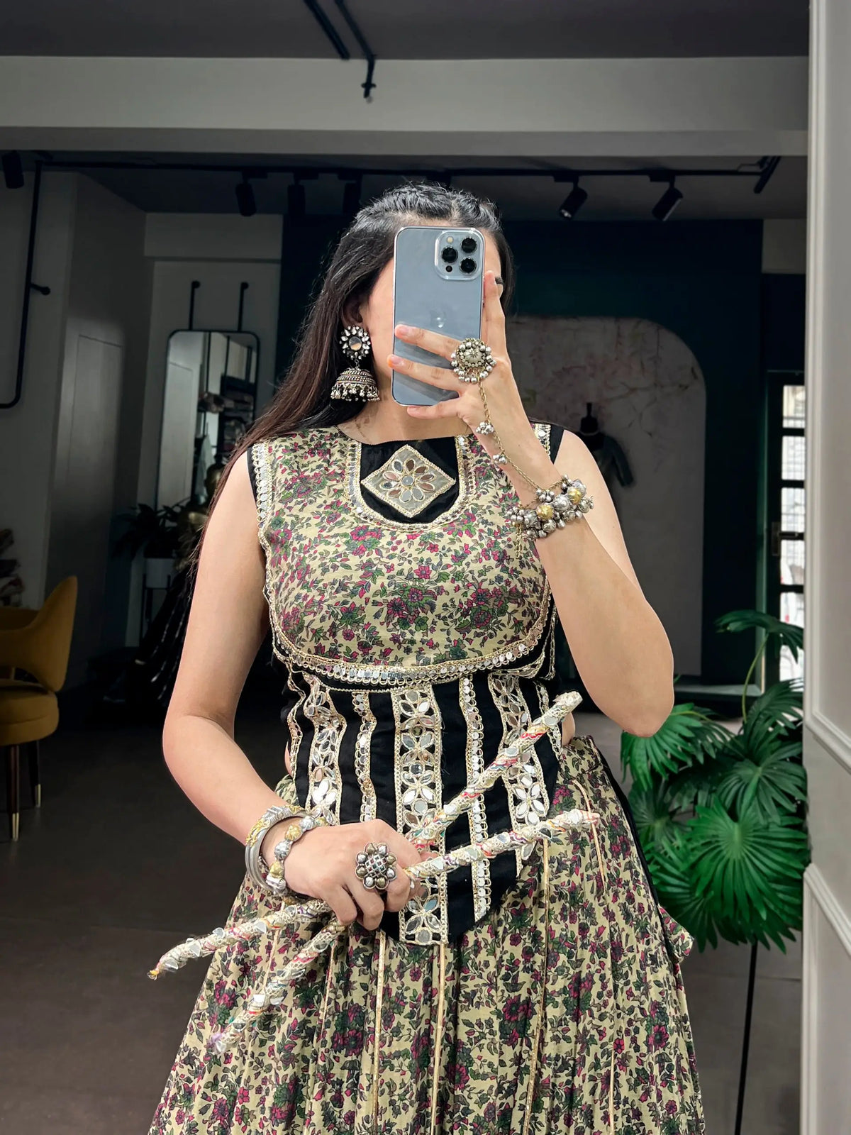 8 Meter Flair | Black Garba Chaniya Choli With Print & Mirror Lace
