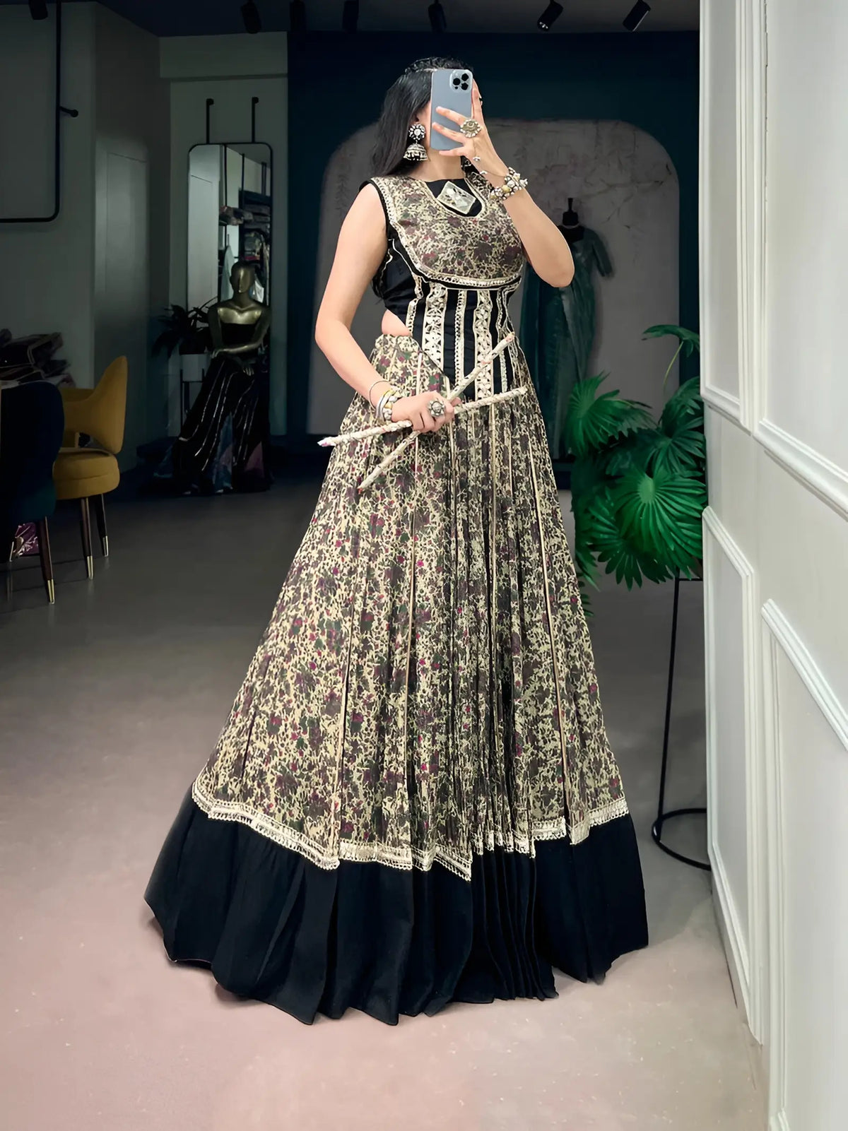 8 Meter Flair | Black Garba Chaniya Choli With Print & Mirror Lace