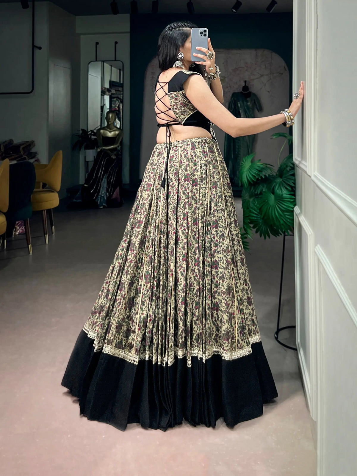 8 Meter Flair | Black Garba Chaniya Choli With Print & Mirror Lace