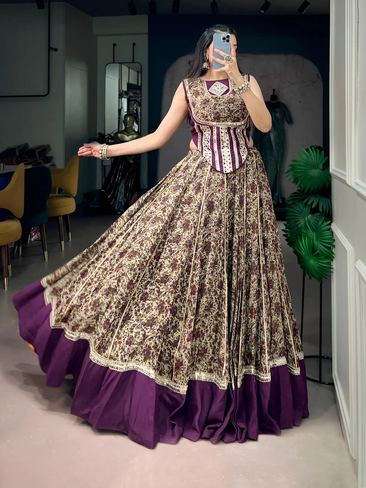 8 Meter Flair | Dark Purple Garba Chaniya Choli With Print & Mirror Lace