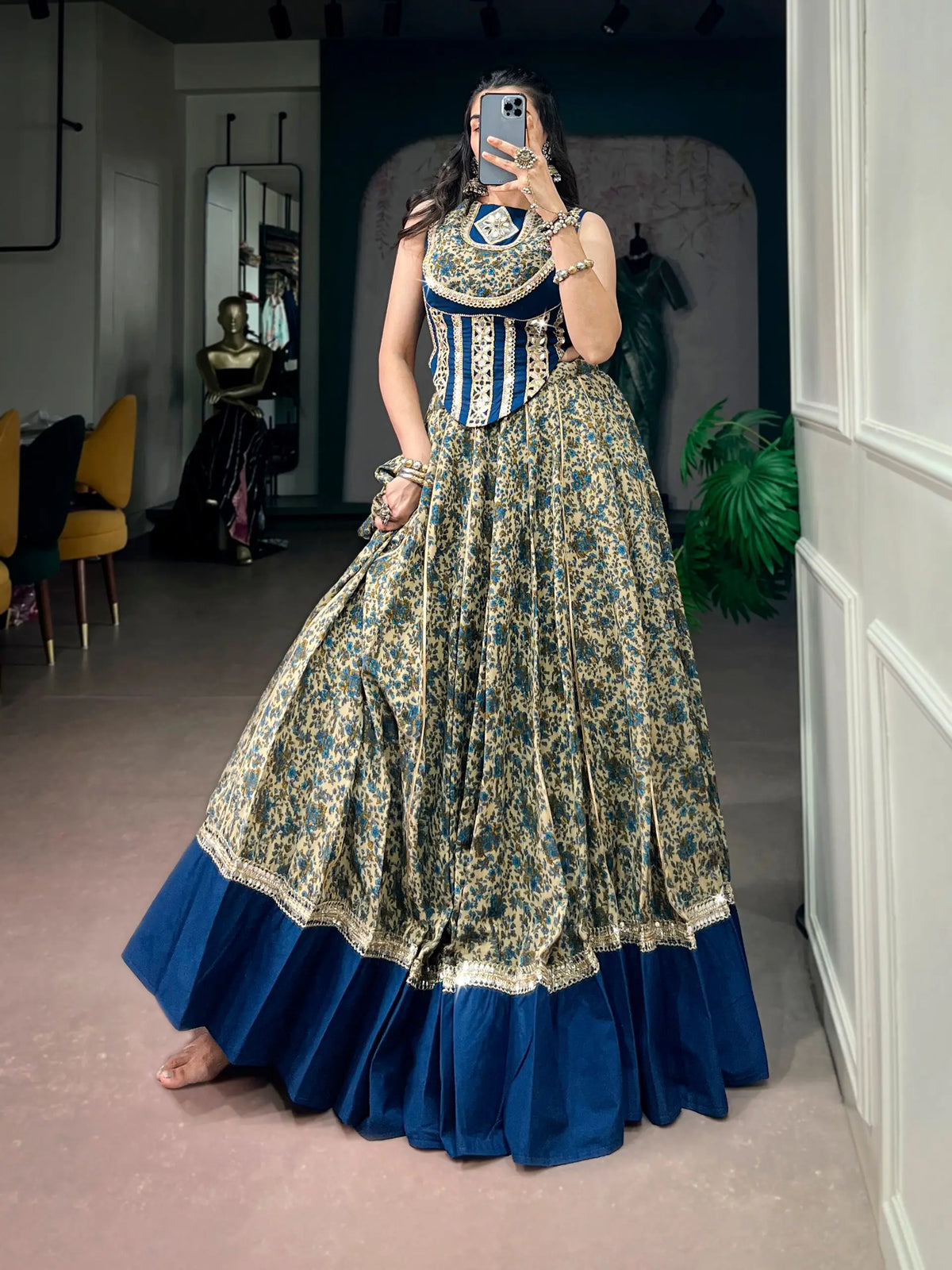 8 Meter Flair | Navy Blue Garba Chaniya Choli With Print & Mirror Lace
