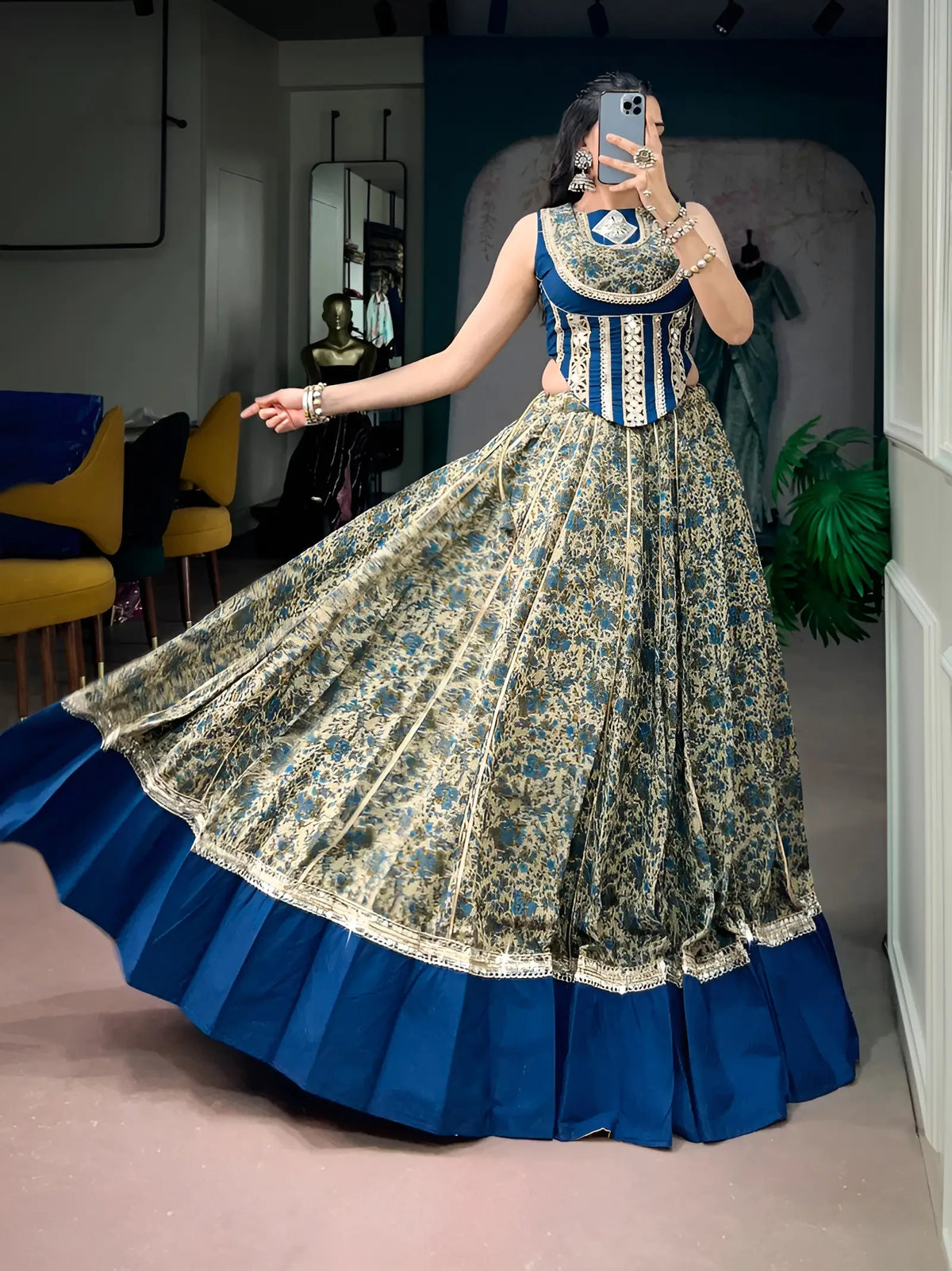 8 Meter Flair | Navy Blue Garba Chaniya Choli With Print & Mirror Lace