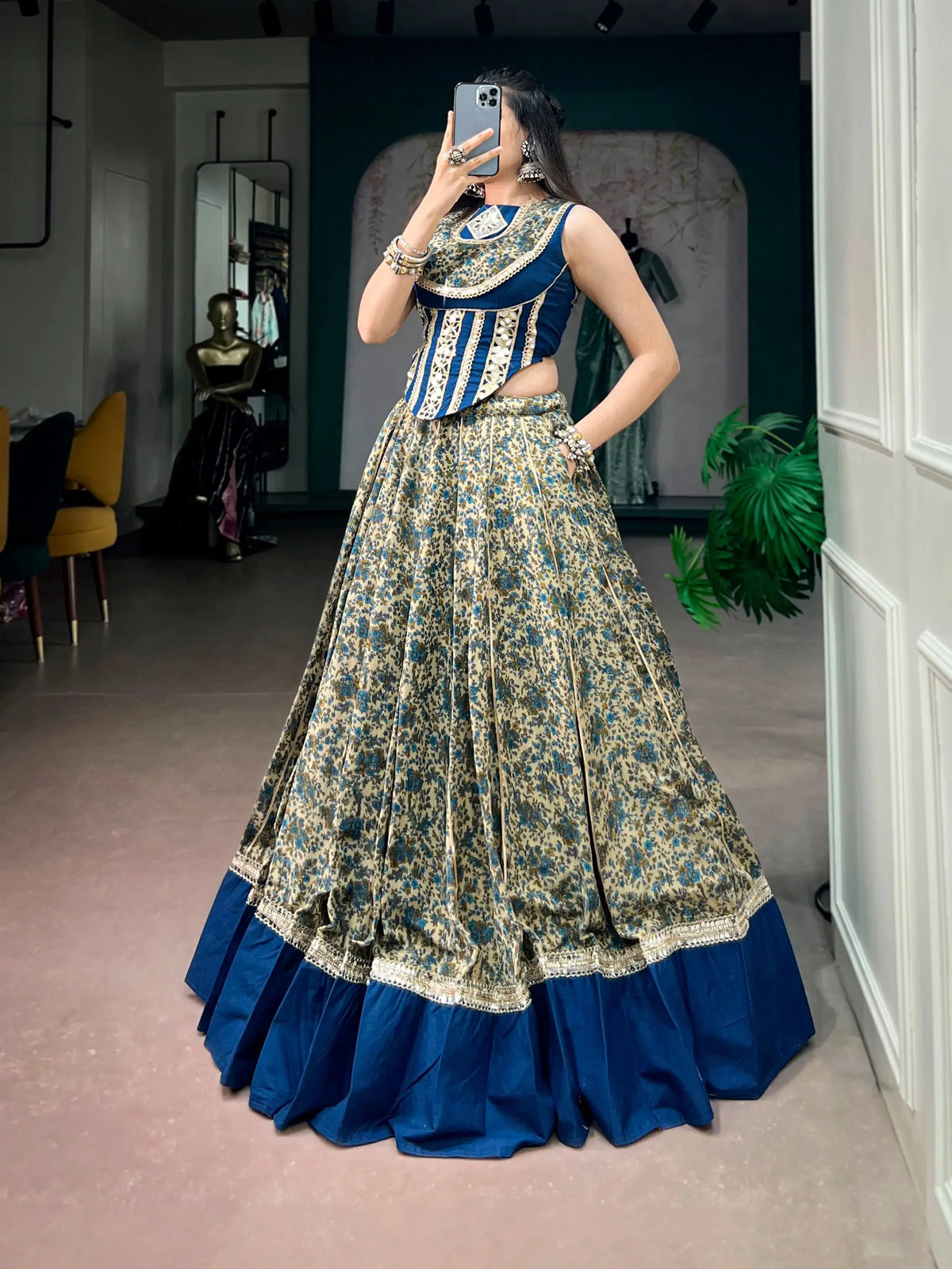 8 Meter Flair | Navy Blue Garba Chaniya Choli With Print & Mirror Lace
