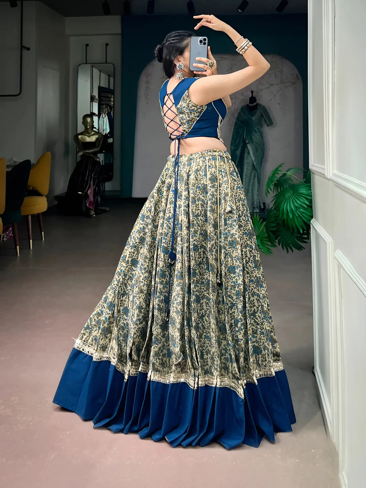 8 Meter Flair | Navy Blue Garba Chaniya Choli With Print & Mirror Lace