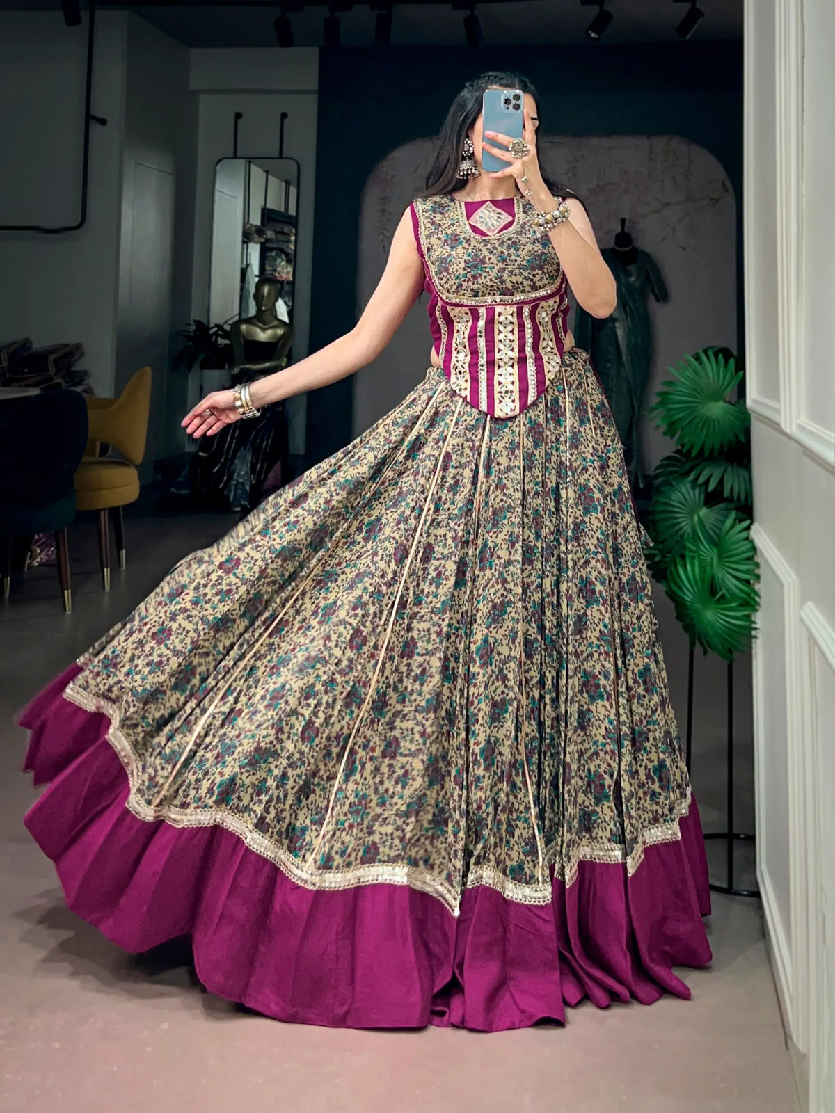 8 Meter Flair | Wine Garba Chaniya Choli With Print & Mirror Lace