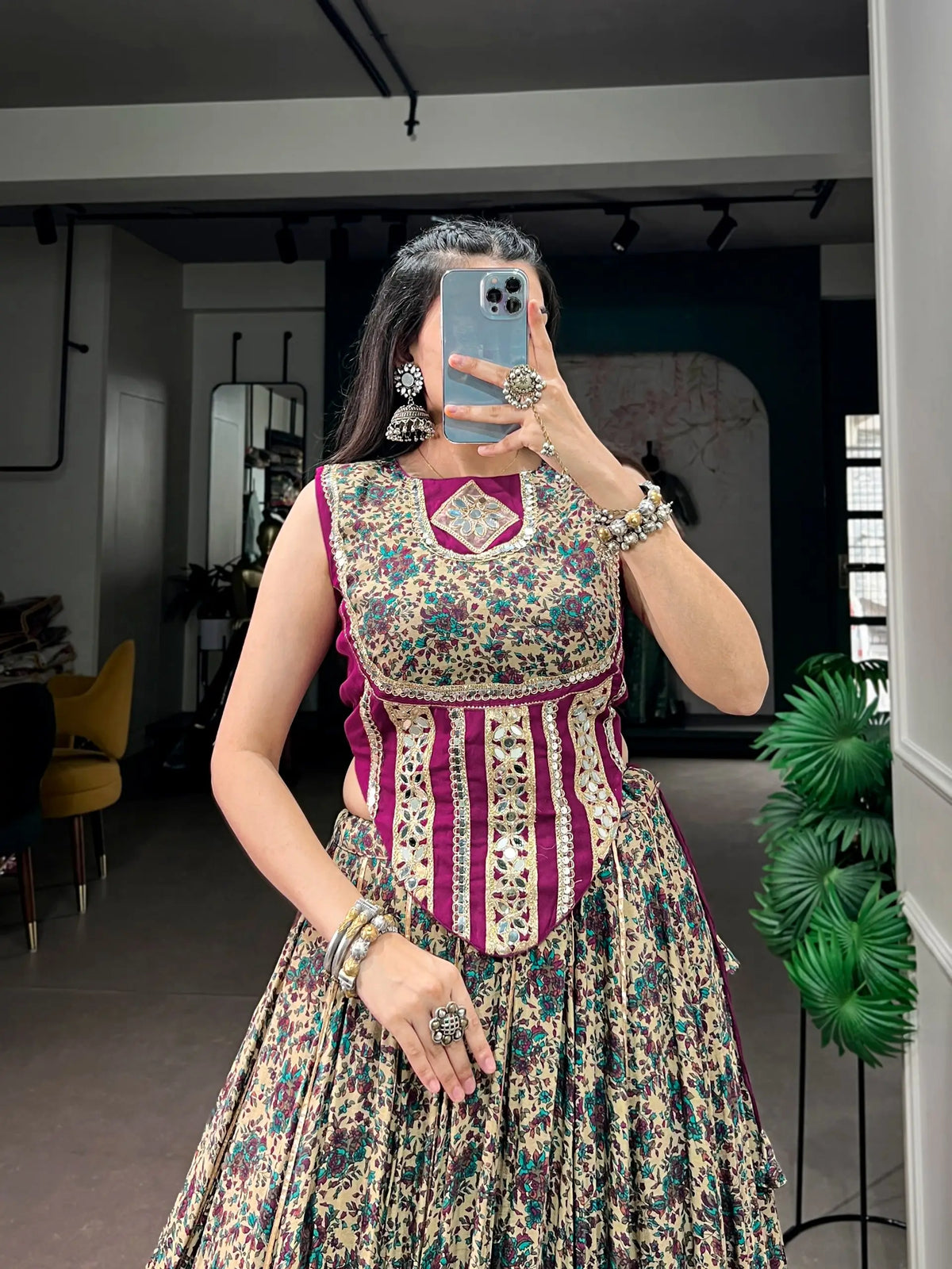 8 Meter Flair | Wine Garba Chaniya Choli With Print & Mirror Lace