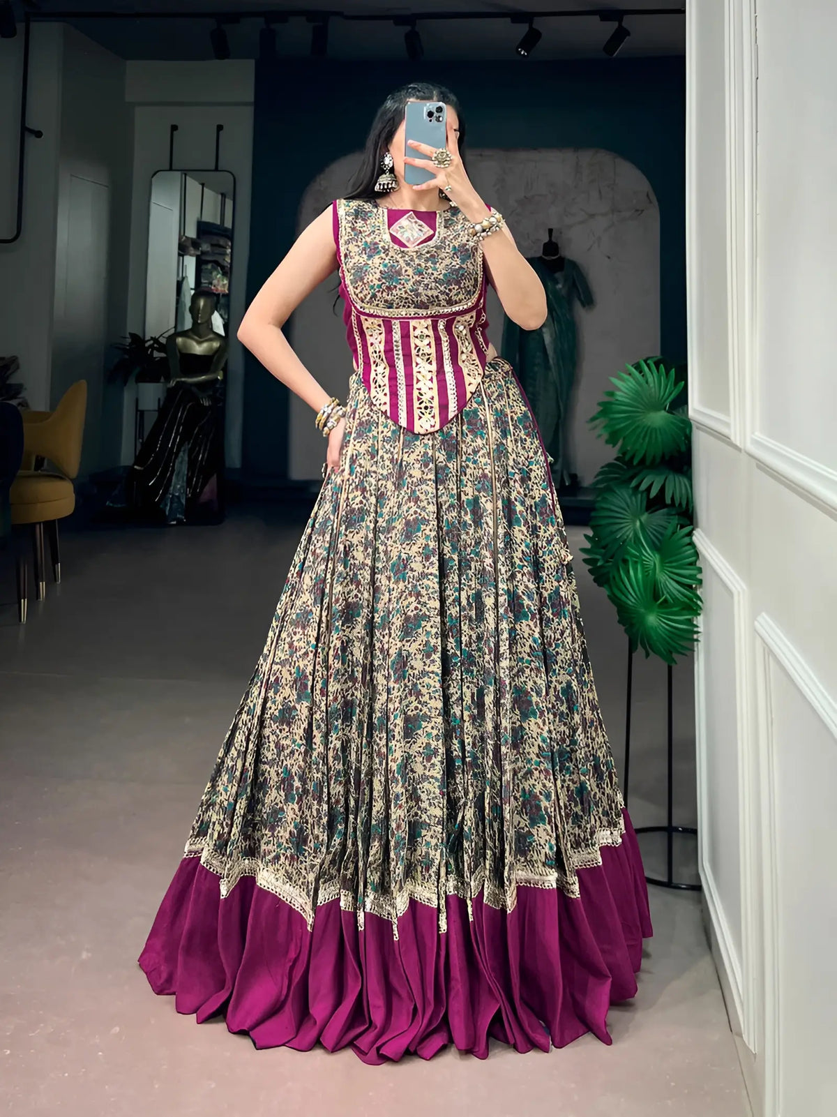 8 Meter Flair | Wine Garba Chaniya Choli With Print & Mirror Lace