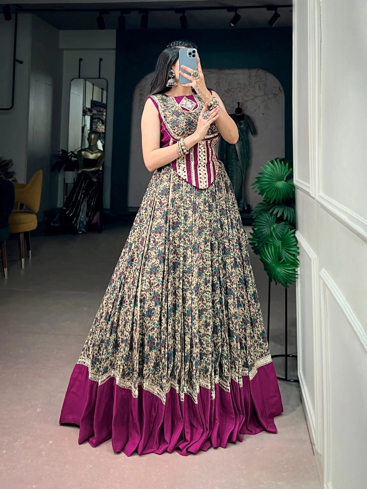 8 Meter Flair | Wine Garba Chaniya Choli With Print & Mirror Lace