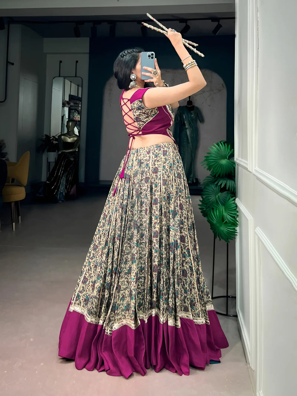 8 Meter Flair | Wine Garba Chaniya Choli With Print & Mirror Lace