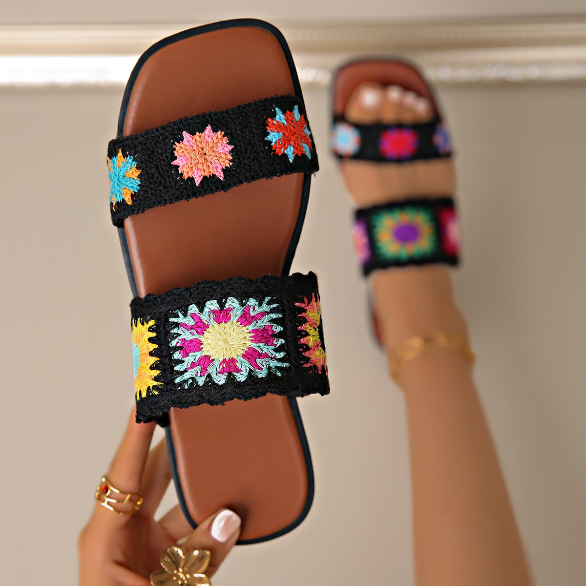 Women’s SunBloom Knit Flat Slides – Square-Toe Boho Embroidered Sandals (US 5–10)