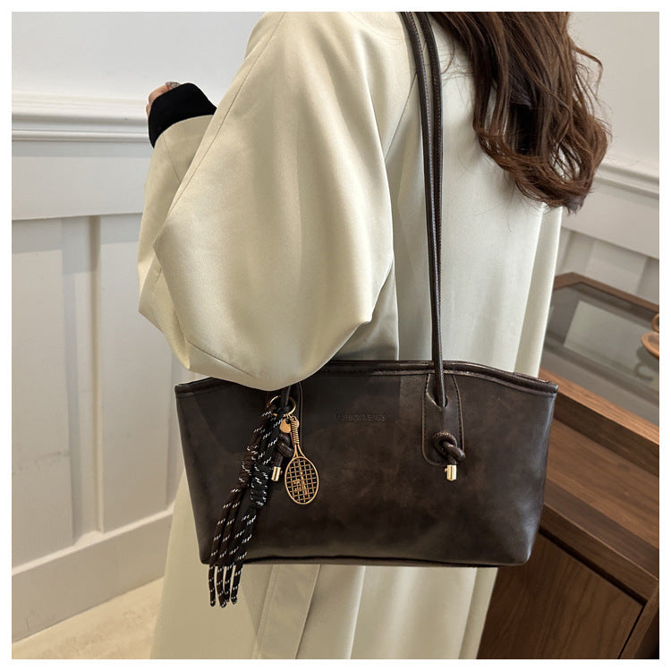 Women's Vintage-Chic Oversized Tote - Commuter-Ready Shoulder Bag w/ Detachable Accent Charms, Grain-Textured Vegan Leather
