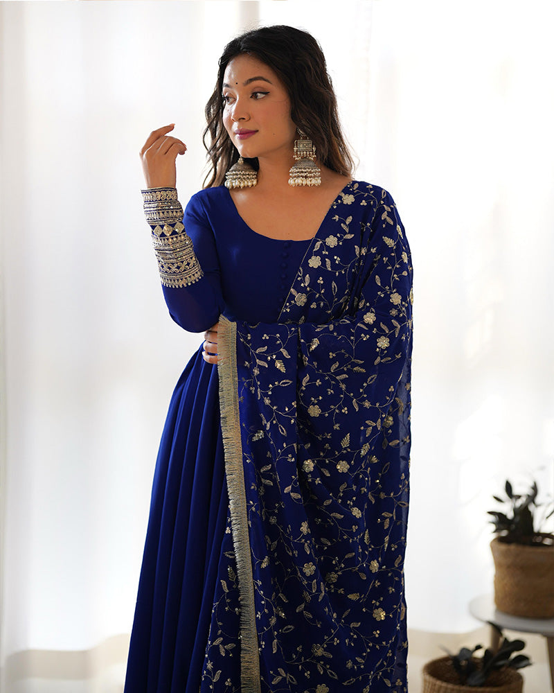 Royal Blue Color Soft Georgette With Heavy Embroidery Work Dupatta Anarkali Suit  - By Qivii