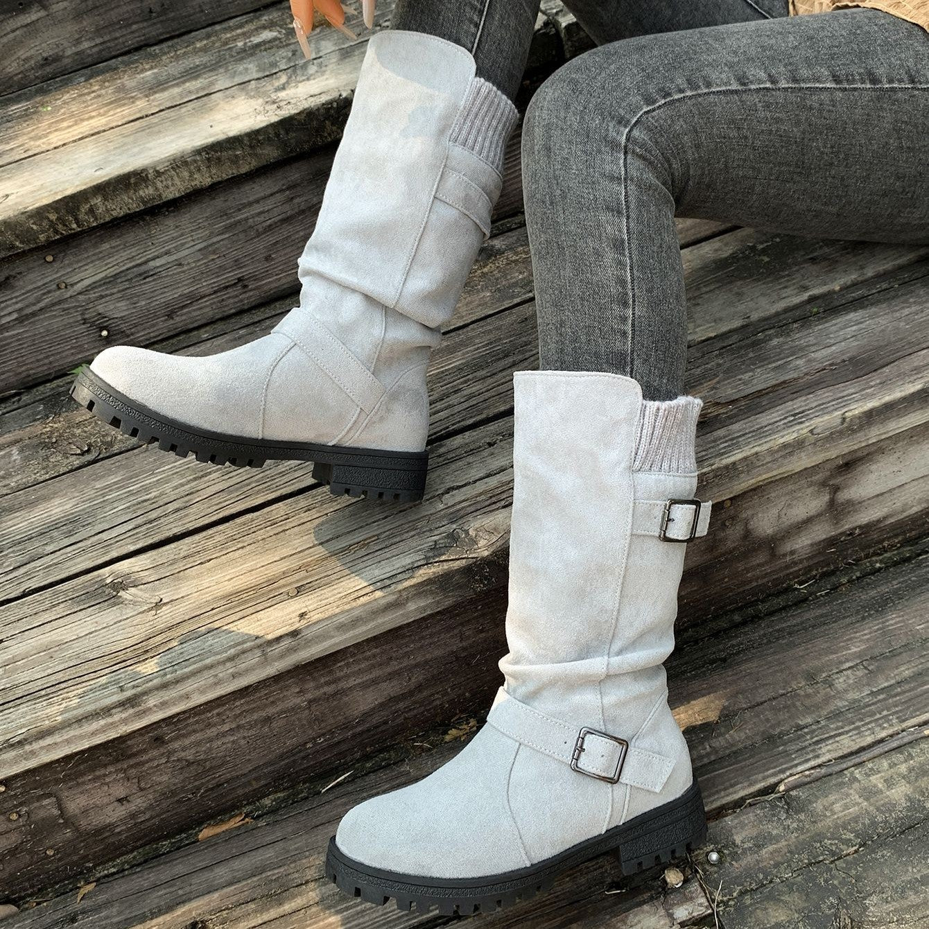 Women’s RanchWrap Buckle Mid-Calf Suede Boots – Knit Cuff Western-Style Slouchy Shoes (US 5–10.5)