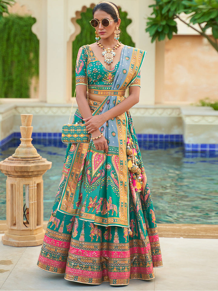 Turquoise Blue Designer Silk Ready to Wear Lehenga Choli With Sparkle & Mirror Work