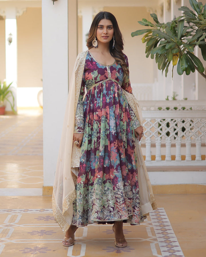 Wedding Wear Floral Embroidered Wine Color Alia Cut Gown With Dupatta  - By Qivii