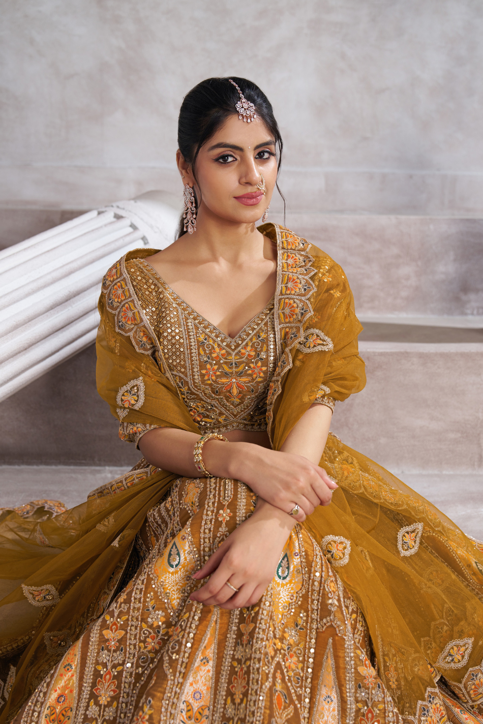 Earthy Mustard Bridal Lehenga with Patch & Aari Work - qivii
