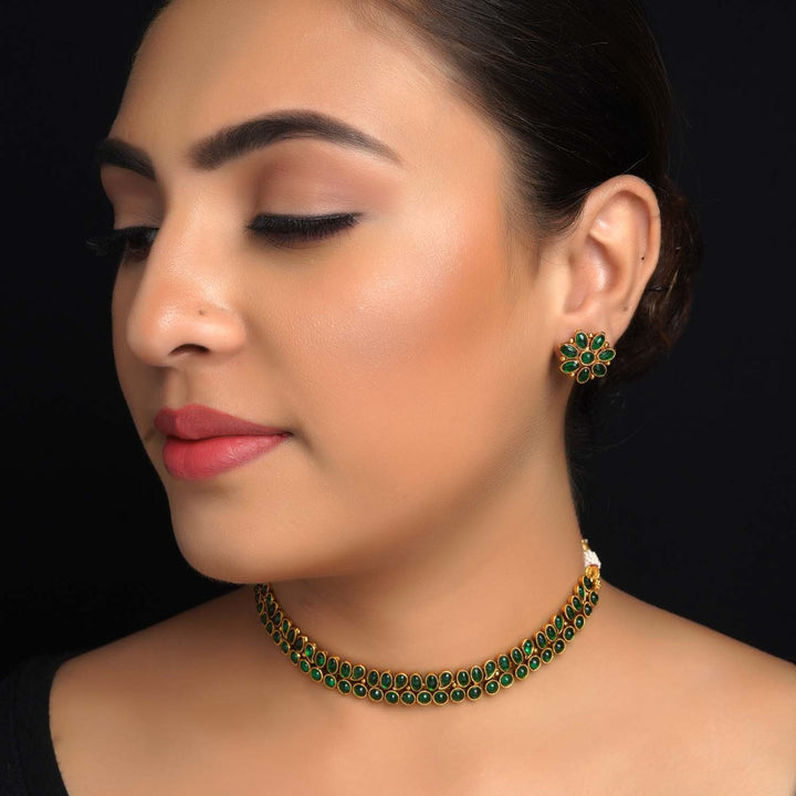 Erum Antique Gold Plated Green Stones Necklace Set