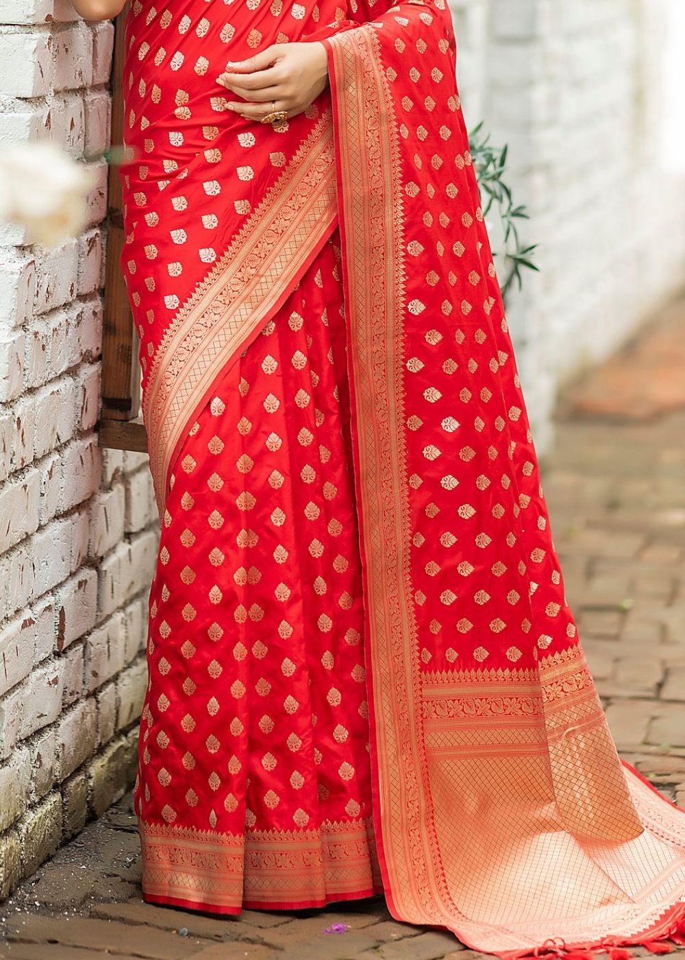 Ferrari Red Soft Banarasi Silk Saree with overall Butti - qivii
