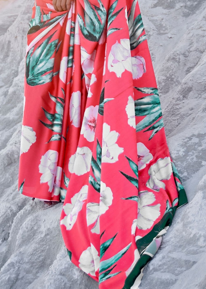 Strawberry Pink Digital Printed Crepe Silk Saree