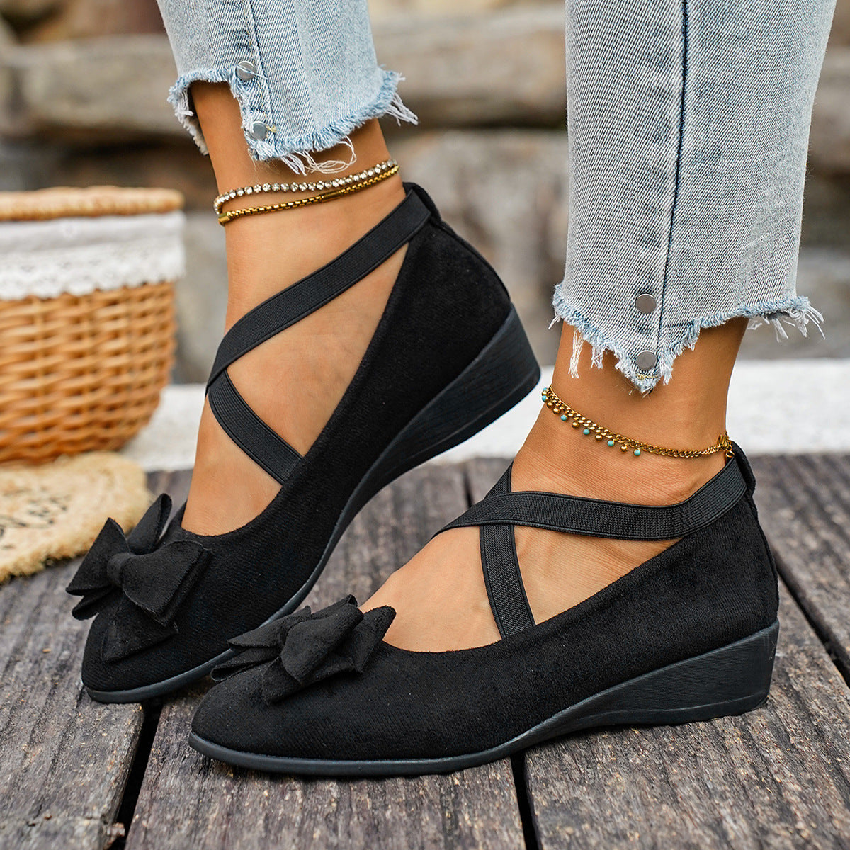 Women’s Elara Bow Suede Wedge Loafers – Elastic Cross-Strap Comfort Slip-Ons (US 5–10.5)