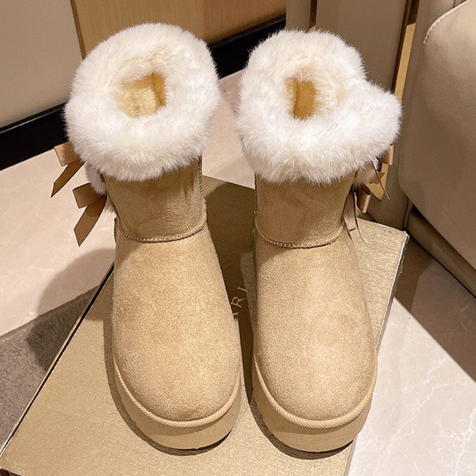 Women's Bow-Knit Cozy Winter Boots - Shearling Lined Chunky Platform Snow Boots (US 5-9.5)