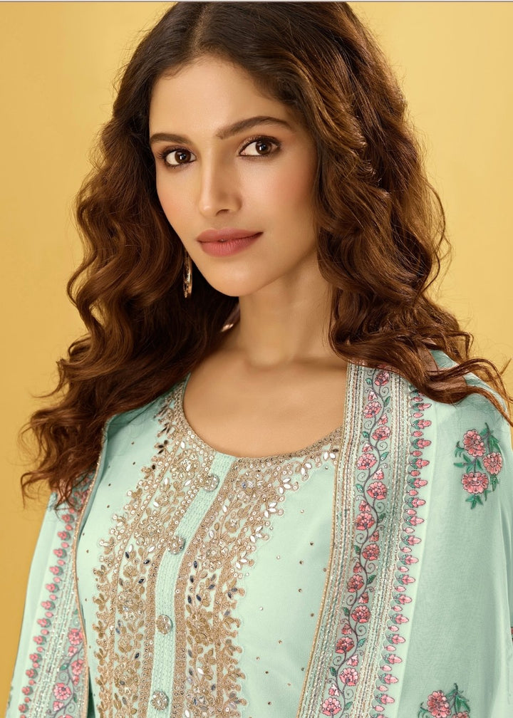 Misty Teal Green Georgette Salwar Suit with Thread, Zari & Cording Embroidery work By Qivii