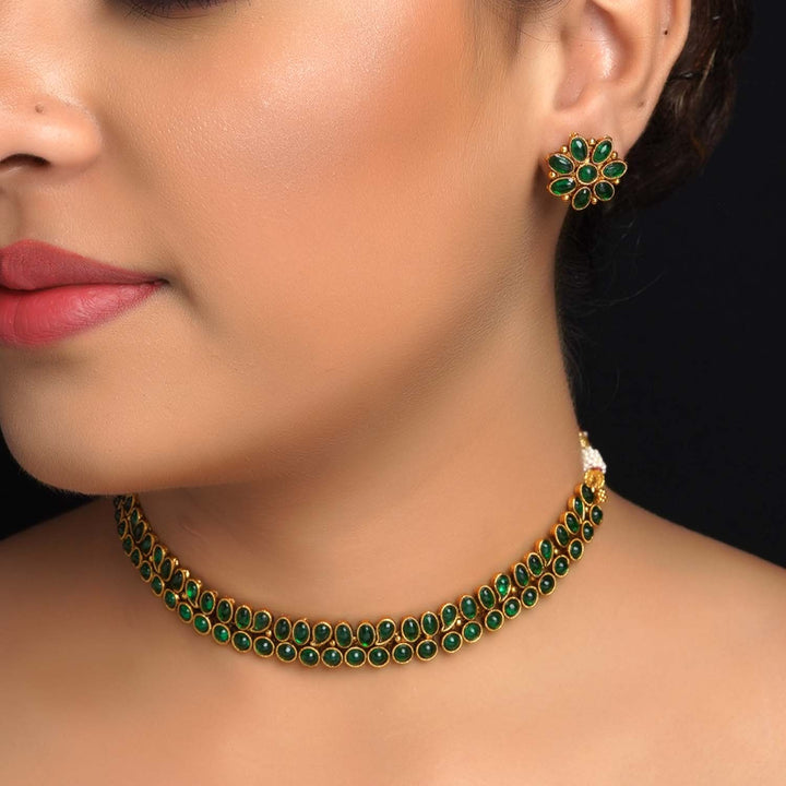 Erum Antique Gold Plated Green Stones Necklace Set