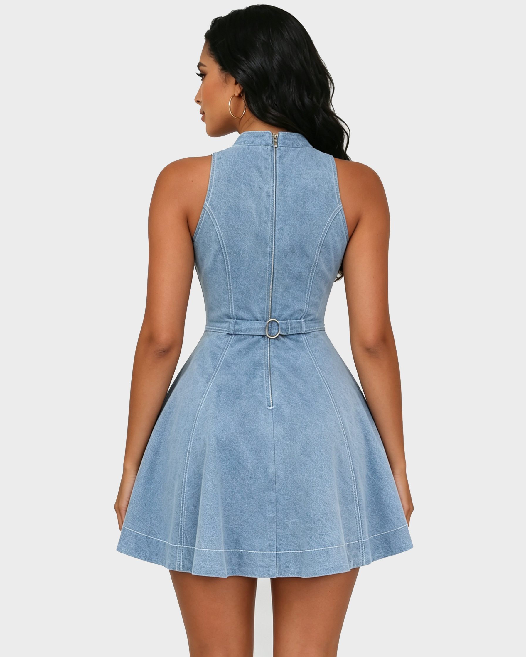 Stand Collar Sleeveless Button Denim Mini Dress with Pockets  - By Qivii