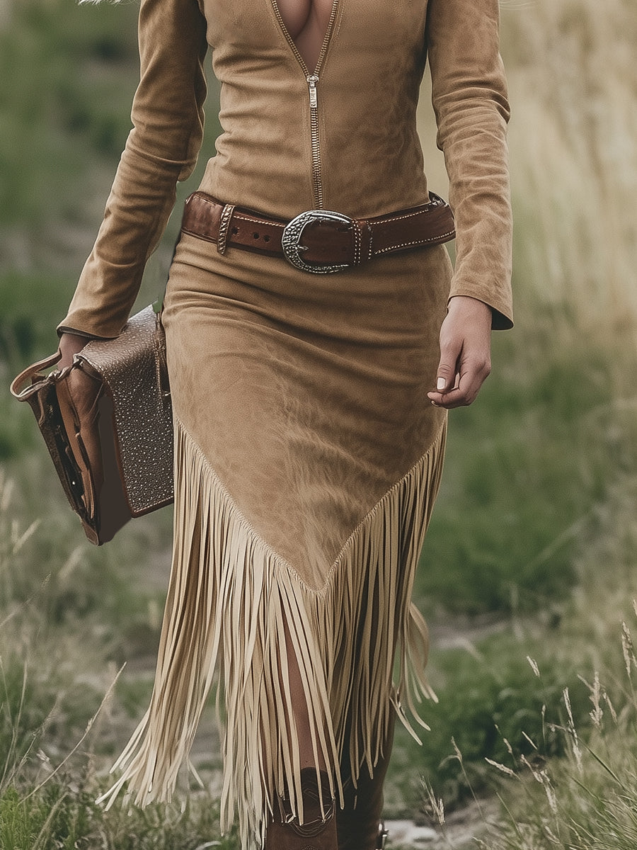 Valence | Suède jurk met franjes  - By Qivii