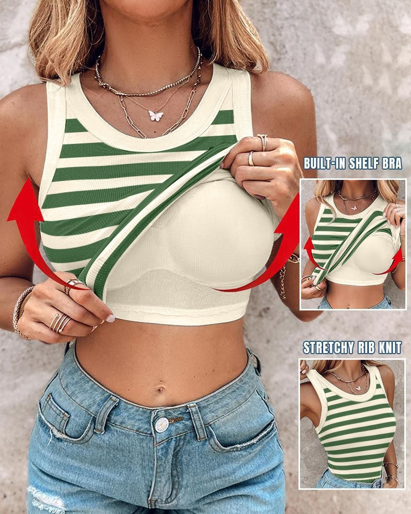 Round Neck Ribbed Tank Top Built In with Bra Padded  - By Qivii