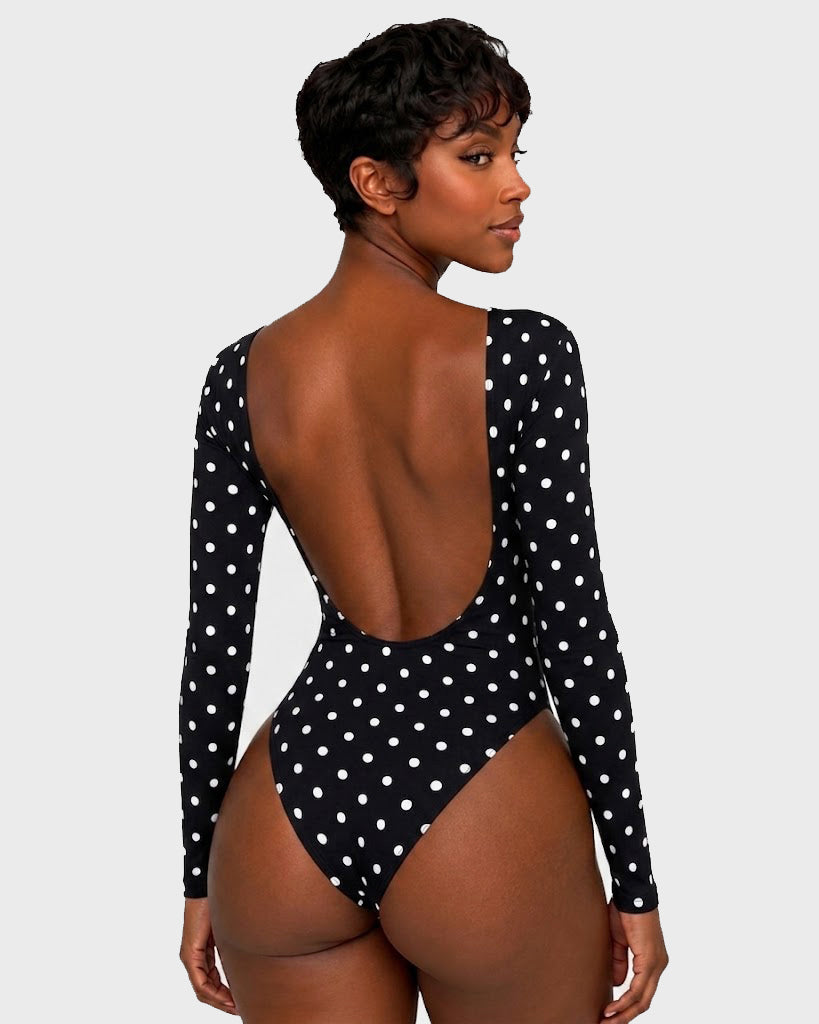 Long Sleeve Polka Dot Large U Open Back Tummy Control Thong Bodysuit