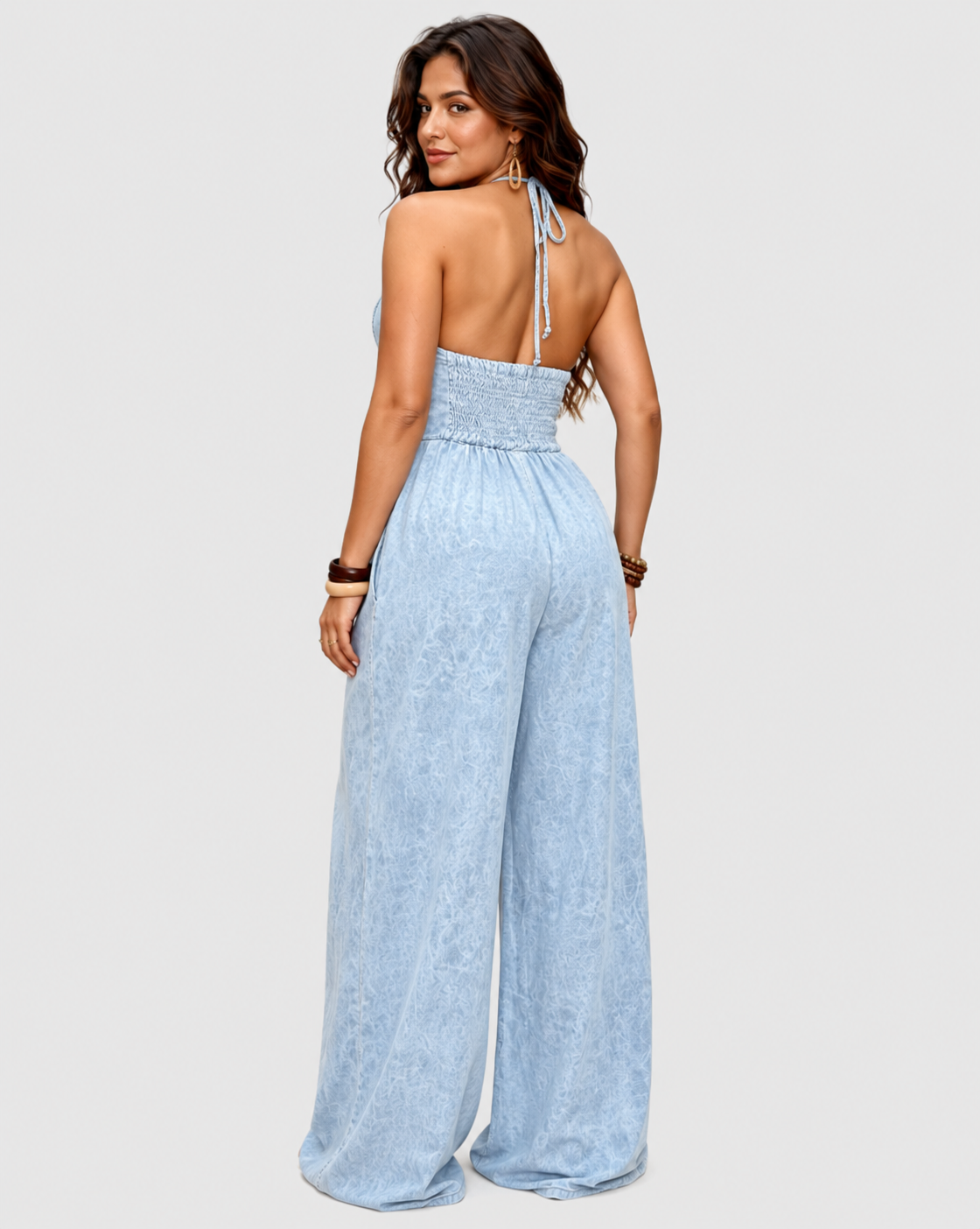 Criss Cross Halter Ruched Back Wide Leg Denim Jumpsuit  - By Qivii