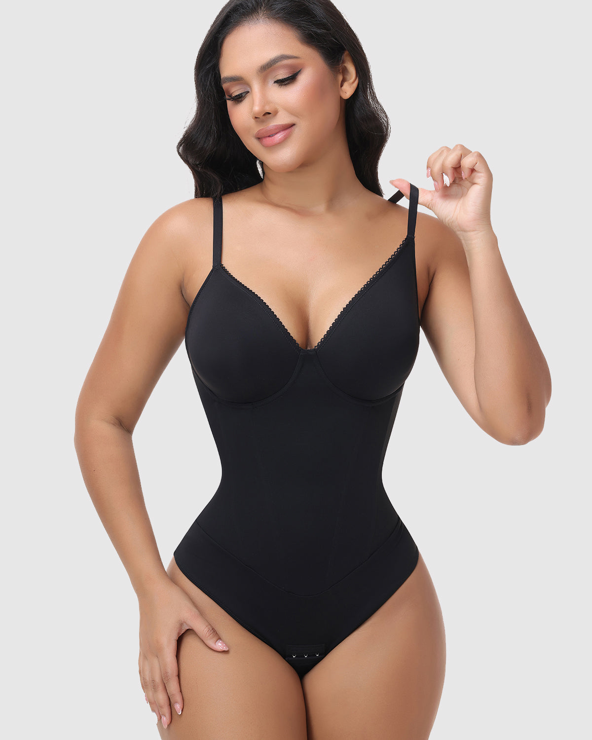 V Neck Adjustable Strap Lace Up Back Tummy Control Bodysuit Hourglass Shapewear