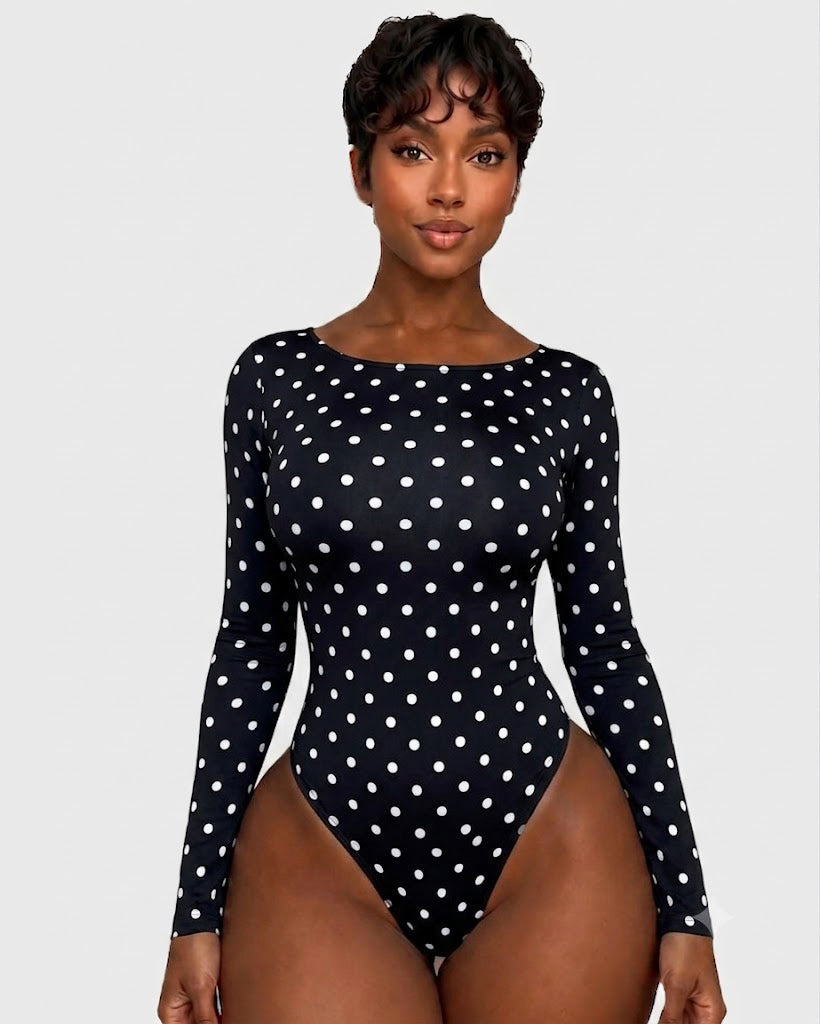 Long Sleeve Polka Dot Large U Open Back Tummy Control Thong Bodysuit