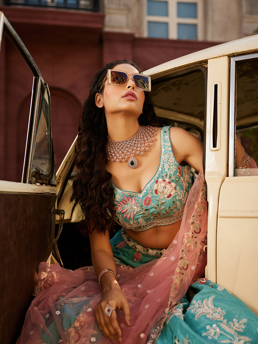TURQUOISEBLUE - Satin Silk Fabric Sequins embroidery Semi-Stitched Lehenga choli & Dupatta - qivii