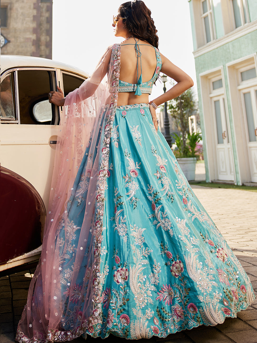 TURQUOISEBLUE - Satin Silk Fabric Sequins embroidery Semi-Stitched Lehenga choli & Dupatta - qivii